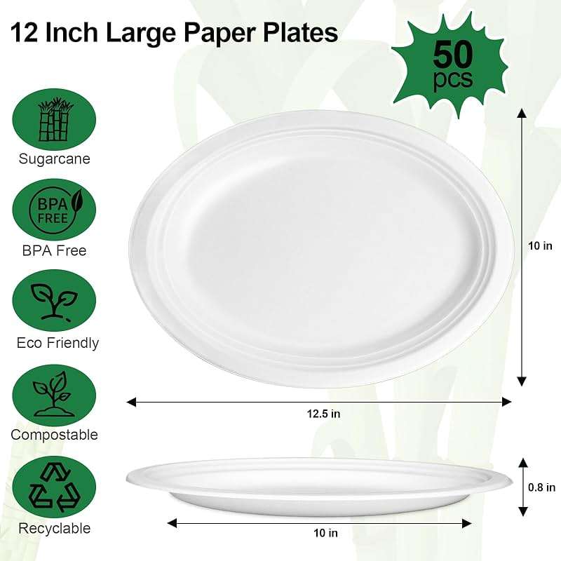 Uniecocus Large Paper Plates 12 Inch, 50 Pack Oval Plates Heavy Duty, Compostable Dinner Plates Eco Friendly Disposable Plates, White Paper Plate Sturdy Strong for Party BBQ Picnic Outdoor - Image 3
