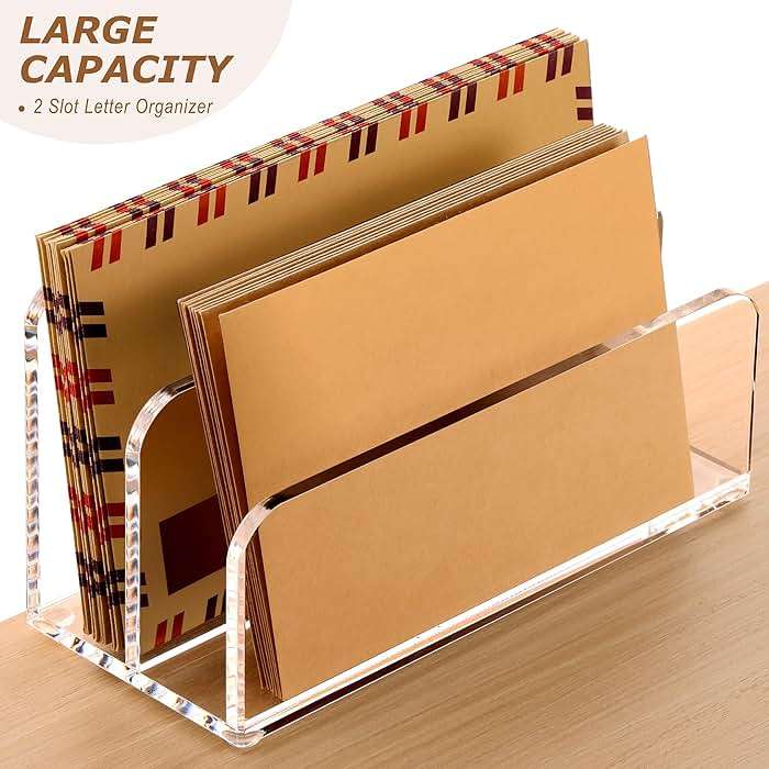 SANRUI Acrylic Mail Sorter Desktop Organizer Holder, 2 Compartments Clear | Small File Script Letter Office Document Storage for Desk Bill Filling Envelope Holder Office, Home, School Desk Organization - Image 3