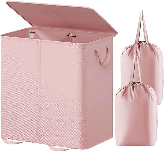 Lifewit Double Laundry Hamper with Lid and Removable Laundry Bags, Large Collapsible 2 Dividers Dirty Clothes Basket with Handles for Bedroom Laundry Room Closet Bathroom College, 136L Pink - Image 1