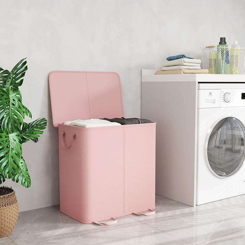 Lifewit Double Laundry Hamper with Lid and Removable Laundry Bags, Large Collapsible 2 Dividers Dirty Clothes Basket with Handles for Bedroom Laundry Room Closet Bathroom College, 136L Pink - Image 2