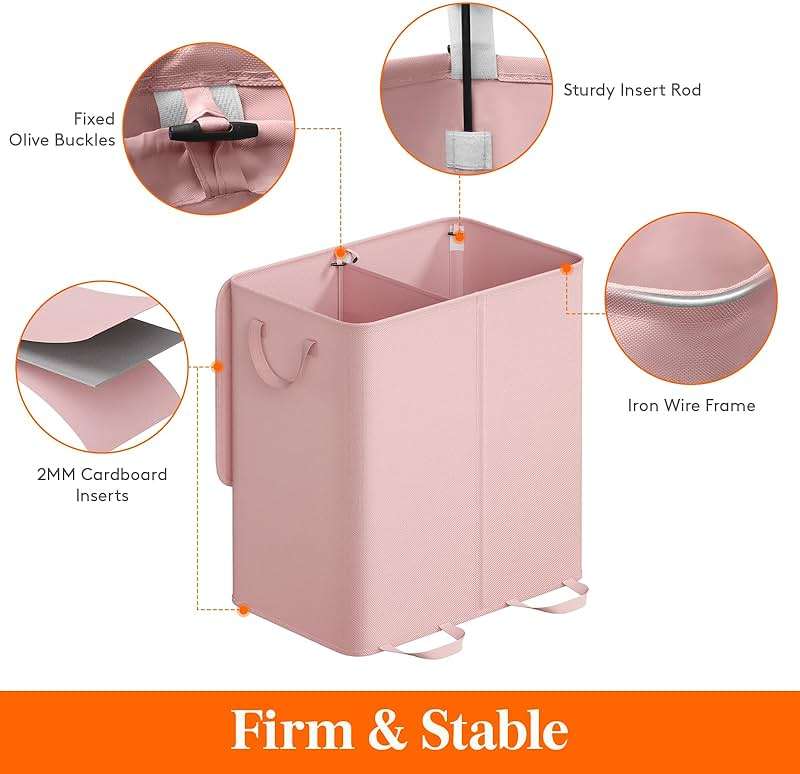 Lifewit Double Laundry Hamper with Lid and Removable Laundry Bags, Large Collapsible 2 Dividers Dirty Clothes Basket with Handles for Bedroom Laundry Room Closet Bathroom College, 136L Pink - Image 3