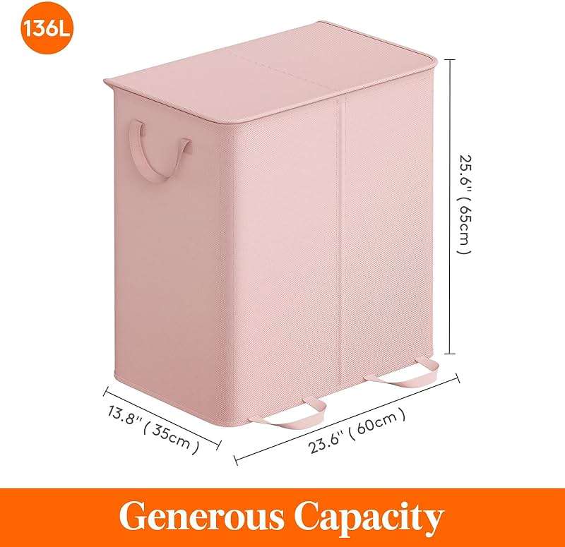 Lifewit Double Laundry Hamper with Lid and Removable Laundry Bags, Large Collapsible 2 Dividers Dirty Clothes Basket with Handles for Bedroom Laundry Room Closet Bathroom College, 136L Pink - Image 6
