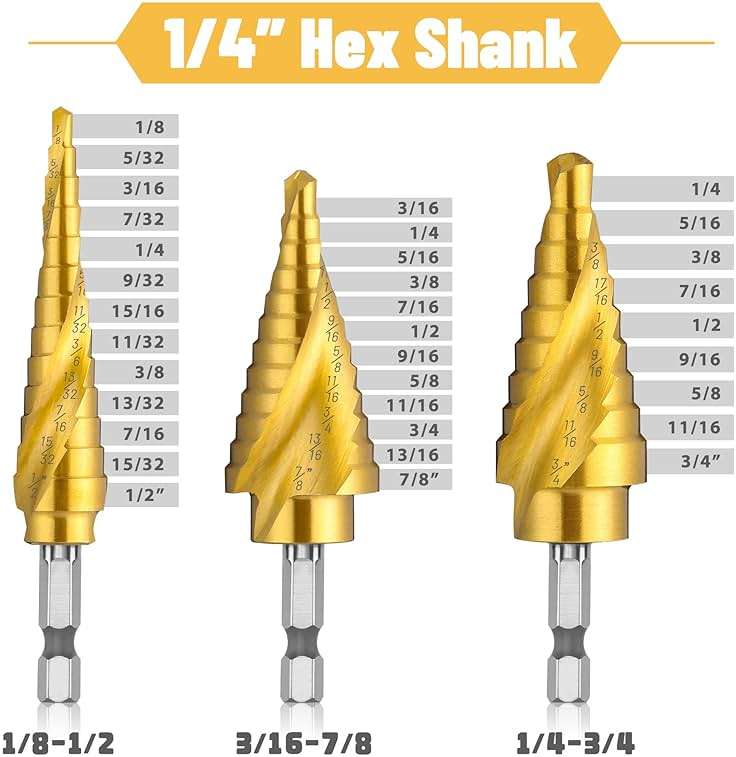 IRONANT 3PCS Step Drill Bit Set, Spiral Grooved HSS Titanium Step Drill Bits for Metal, 31 Sizes Stepper Up Bits - Image 5