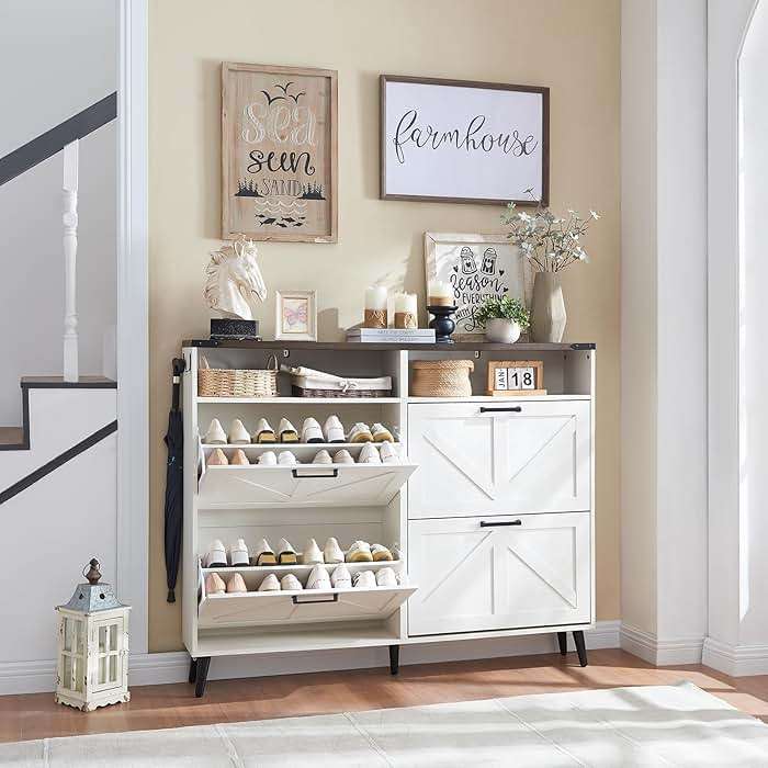 Barnyatoh Shoe Storage Cabinet,Farmhouse Shoe Organizer with 4 Flip Drawers & Barn Door Design,Freestanding Hidden Slim Narrow Shoe Rack with Open Shelves for Entryway,Foyer,Hallway,Antique White - Image 1