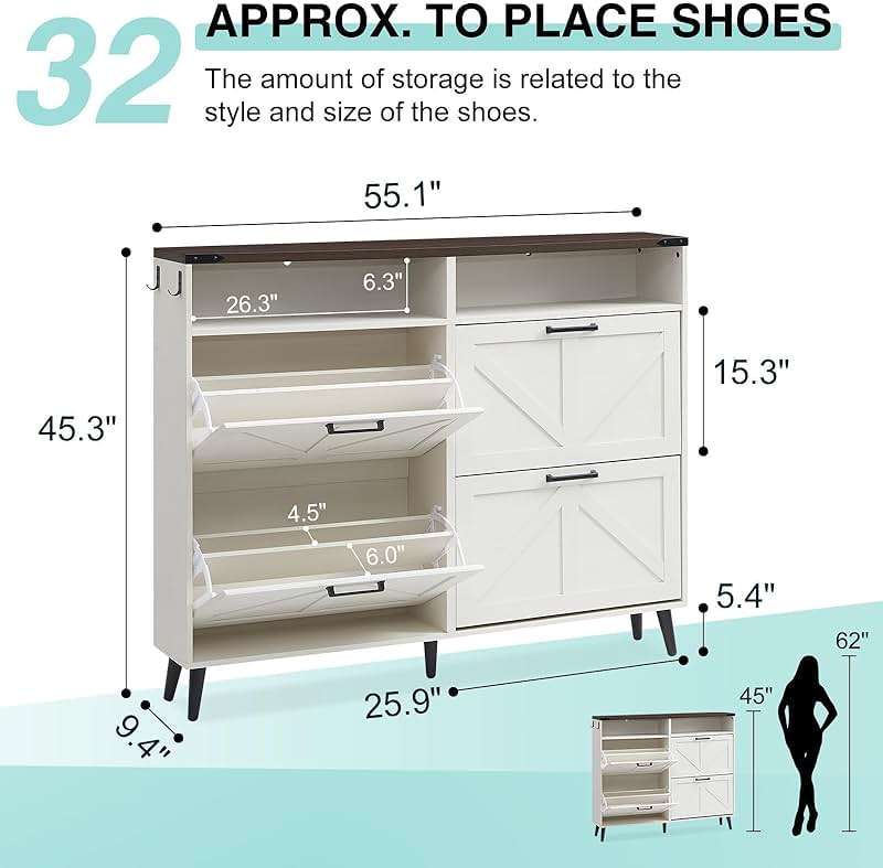 Barnyatoh Shoe Storage Cabinet,Farmhouse Shoe Organizer with 4 Flip Drawers & Barn Door Design,Freestanding Hidden Slim Narrow Shoe Rack with Open Shelves for Entryway,Foyer,Hallway,Antique White - Image 2