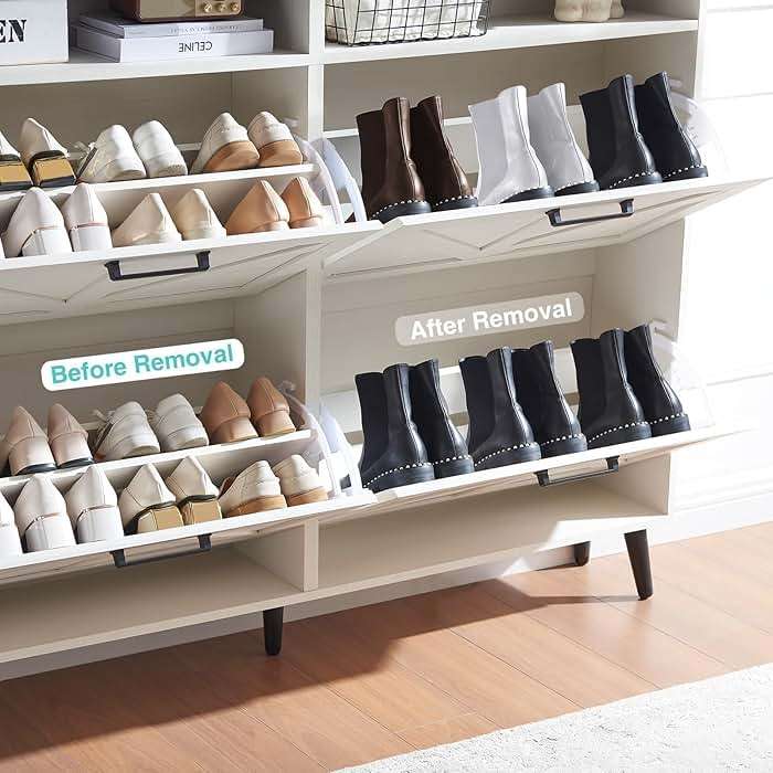 Barnyatoh Shoe Storage Cabinet,Farmhouse Shoe Organizer with 4 Flip Drawers & Barn Door Design,Freestanding Hidden Slim Narrow Shoe Rack with Open Shelves for Entryway,Foyer,Hallway,Antique White - Image 5