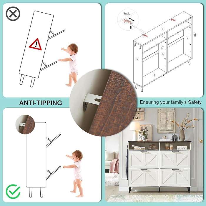 Barnyatoh Shoe Storage Cabinet,Farmhouse Shoe Organizer with 4 Flip Drawers & Barn Door Design,Freestanding Hidden Slim Narrow Shoe Rack with Open Shelves for Entryway,Foyer,Hallway,Antique White - Image 7