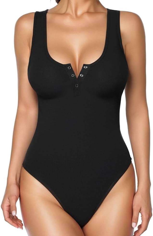 Popilush Bodysuits for Women Tummy Control Henley Going Out Outfits Shirts Body Suits Thong Button Down Tank Tops - Image 1