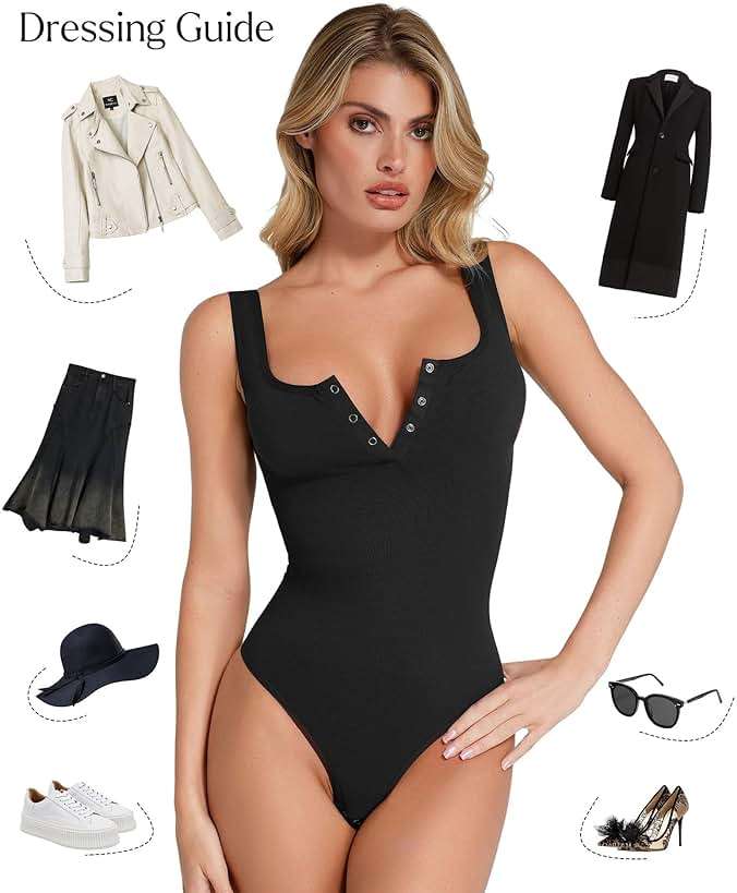 Popilush Bodysuits for Women Tummy Control Henley Going Out Outfits Shirts Body Suits Thong Button Down Tank Tops - Image 4