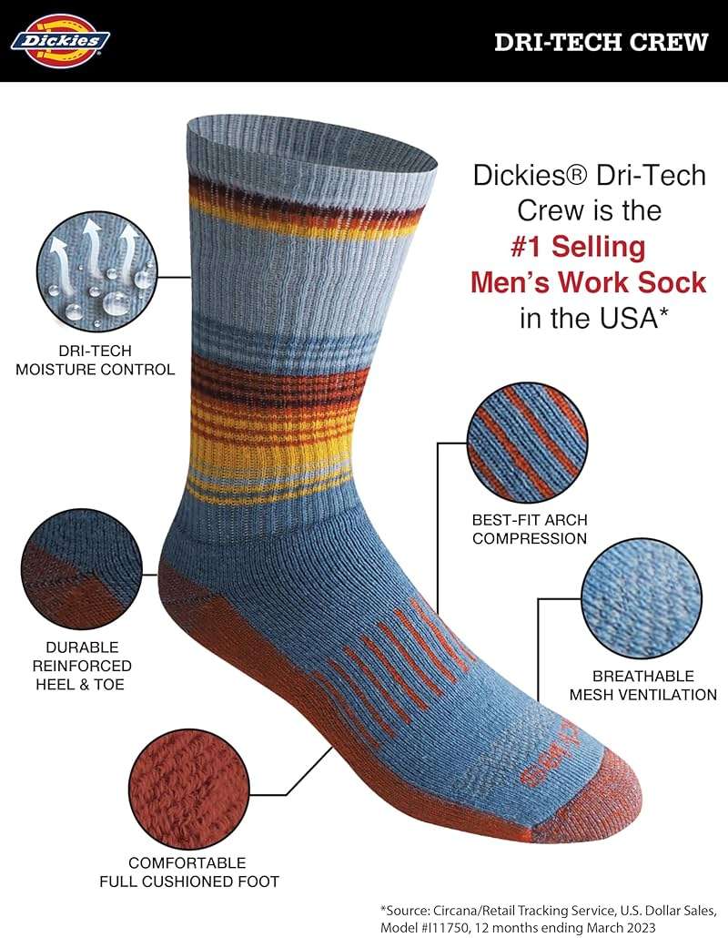 Dickies Men's Dri-tech Original Moisture Control Crew Socks, Available in M-xxl (6, 12, 18 Pairs) - Image 4