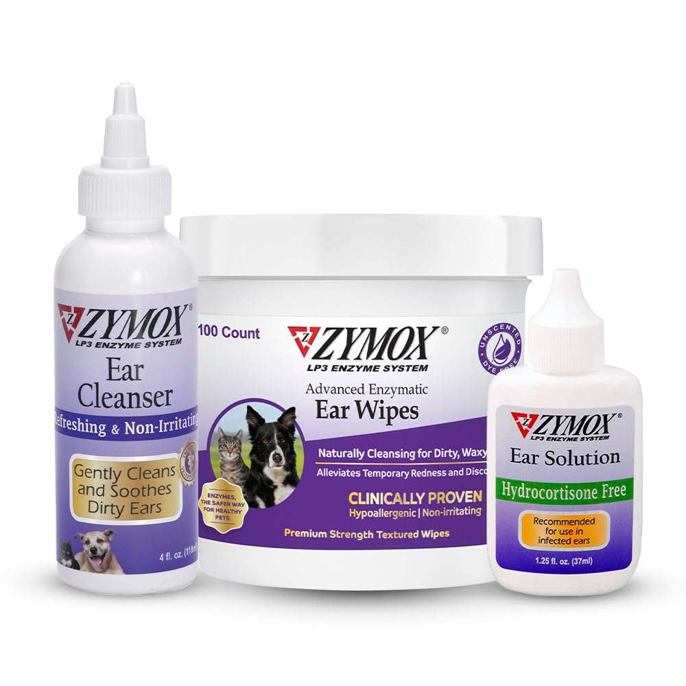 Zymox Enzymatic Ear Wipes, Ear Cleanser, & Ear Solution Without Hydrocortisone for Dogs and Cats - Product Bundle - for Dirty, Waxy, Smelly Ears and to Soothe Ear Infections - Image 1