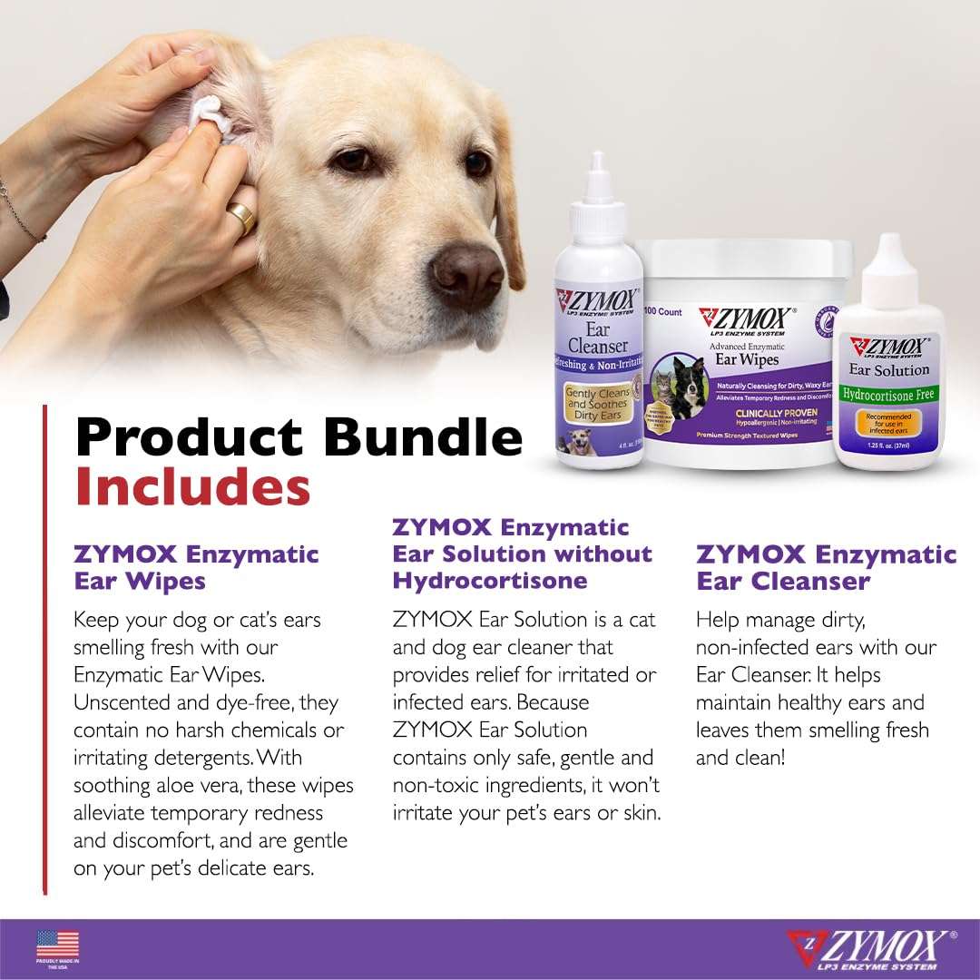 Zymox Enzymatic Ear Wipes, Ear Cleanser, & Ear Solution Without Hydrocortisone for Dogs and Cats - Product Bundle - for Dirty, Waxy, Smelly Ears and to Soothe Ear Infections - Image 3