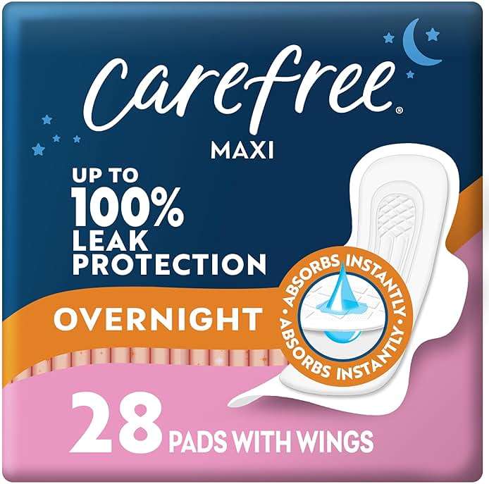 Carefree Maxi Pads for Women, Overnight Pads with Wings, 28ct | Carefree Pads, Feminine Care, Period Pads & Postpartum Pads | 28ct (Pack of 1) - Image 1