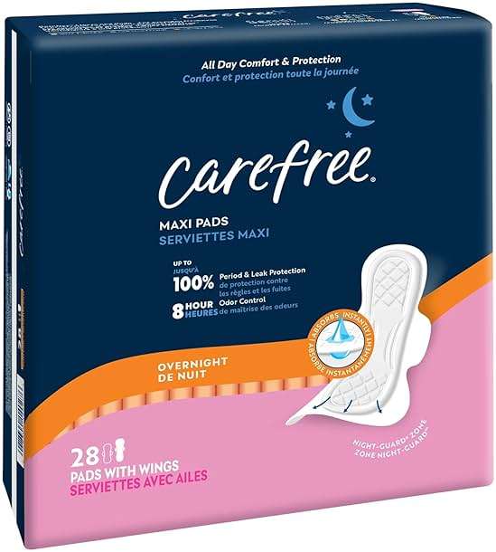 Carefree Maxi Pads for Women, Overnight Pads with Wings, 28ct | Carefree Pads, Feminine Care, Period Pads & Postpartum Pads | 28ct (Pack of 1) - Image 2