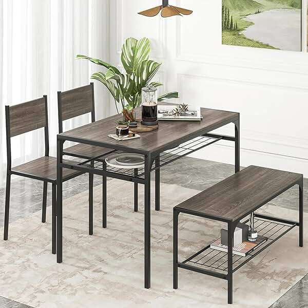Tangkula Dining Table Set for 4, Kitchen Table and 2 Chairs for 4 with Bench, Additonal Storage Rack, 4 Piece Dining Table Set for Small Space, Apartment - Image 2