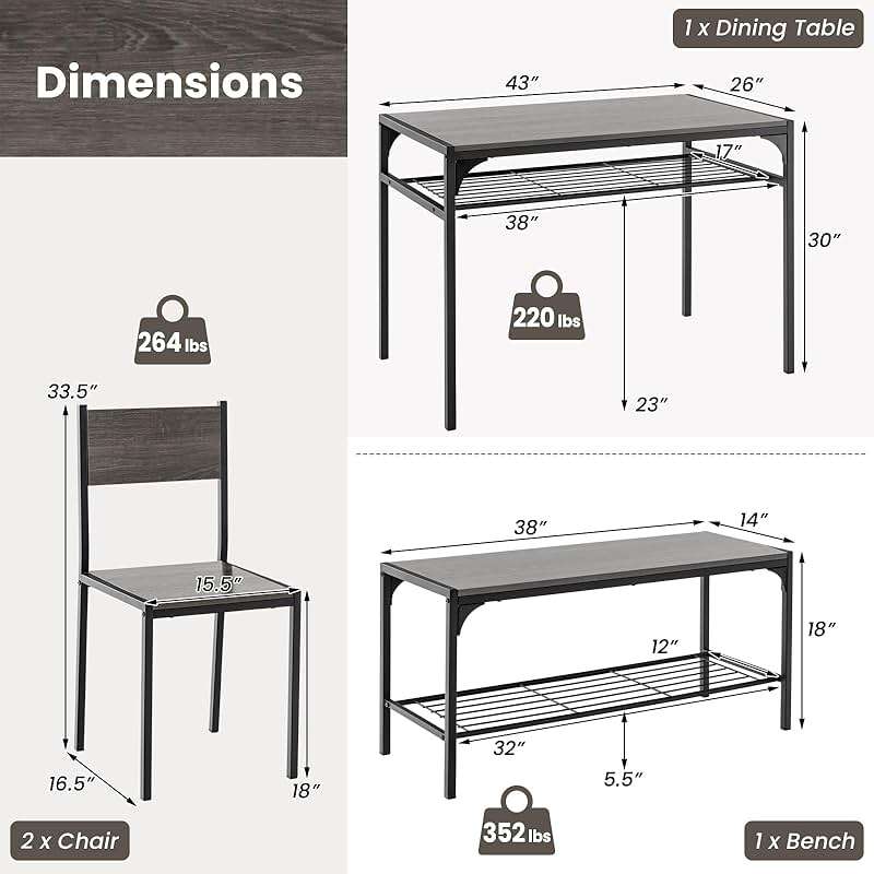 Tangkula Dining Table Set for 4, Kitchen Table and 2 Chairs for 4 with Bench, Additonal Storage Rack, 4 Piece Dining Table Set for Small Space, Apartment - Image 3