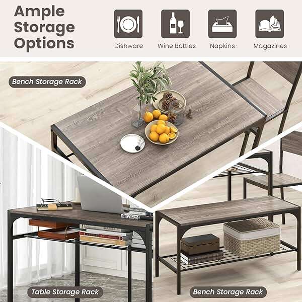 Tangkula Dining Table Set for 4, Kitchen Table and 2 Chairs for 4 with Bench, Additonal Storage Rack, 4 Piece Dining Table Set for Small Space, Apartment - Image 5