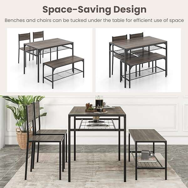 Tangkula Dining Table Set for 4, Kitchen Table and 2 Chairs for 4 with Bench, Additonal Storage Rack, 4 Piece Dining Table Set for Small Space, Apartment - Image 6