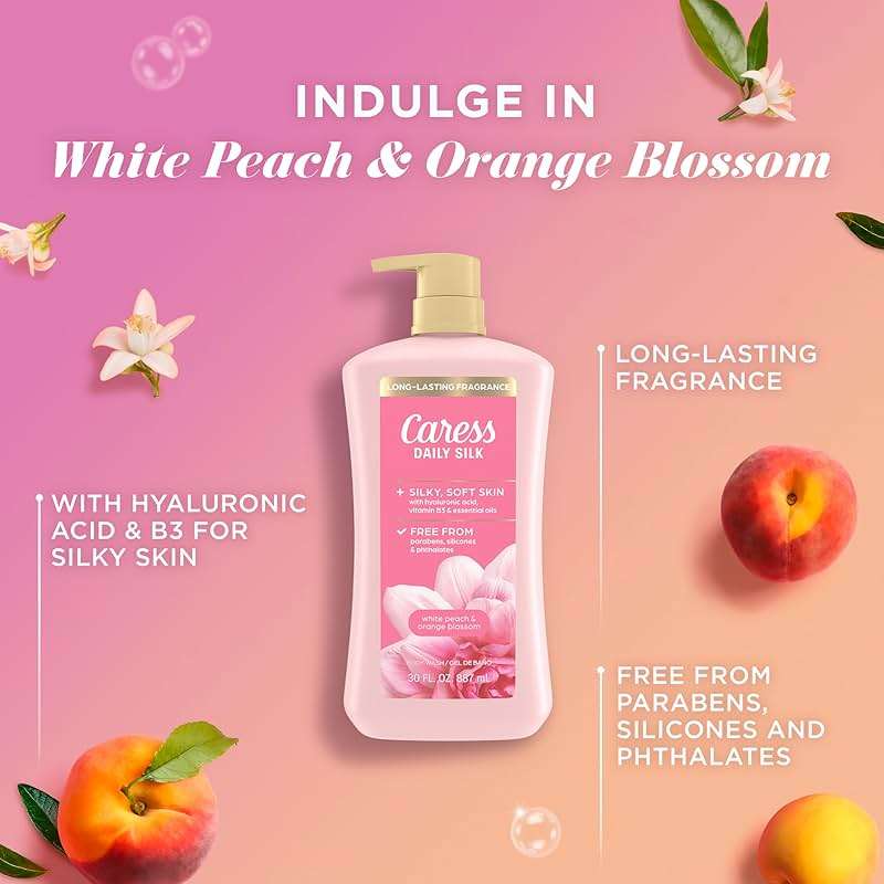 Caress Body Wash With Pump Daily Silk White Peach & Orange Blossom Body Soap for Noticeably Silky, Soft Skin 30 fl oz, 4 Pack - Image 5