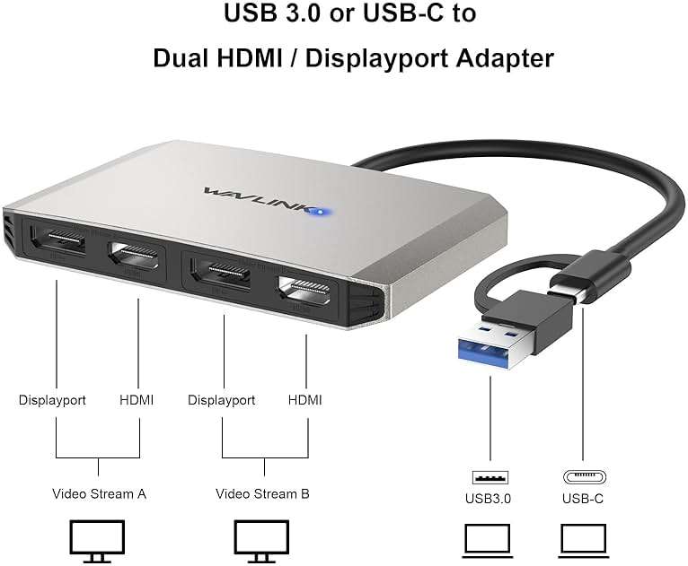 WAVLINK USB C or USB 3.0 to Dual HDMI/DisplayPort Adapter, Displaylink Monitor Splitter Extended Display for Dual Monitor 4K@60Hz, HDMI/DP Splitter Compatible with Mac M1-M5/Neo,Window Laptop-Silver - Image 2