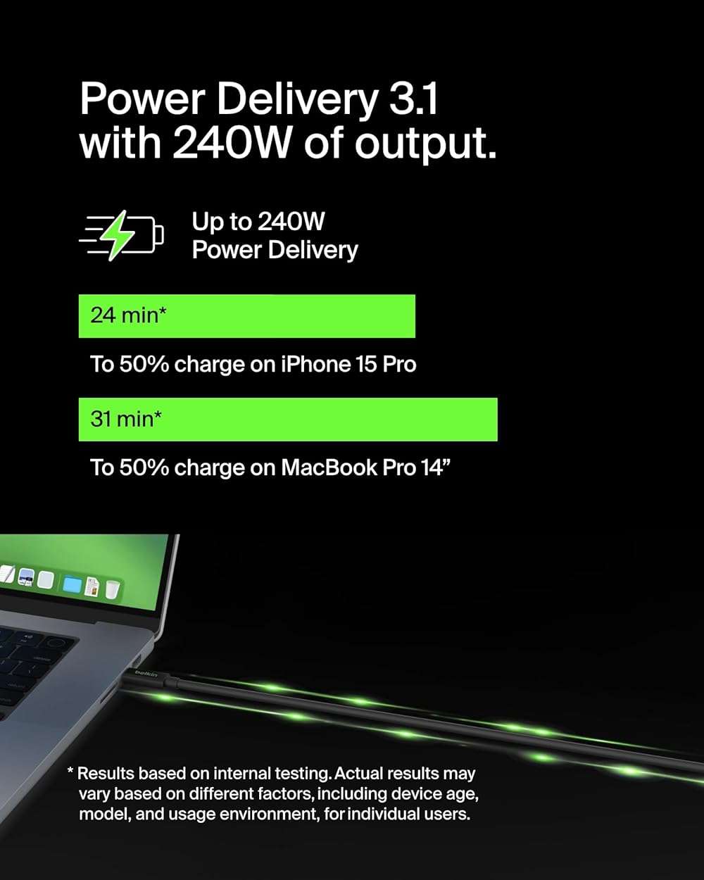 Belkin Connect USB4 Cable (6.6ft/2M Power Cable), USB-C to USB-C Cable w/ 240W Power Delivery + 20Gbps - USB4 Compliant Power Cable, Compatible with MacBook, Windows, Chromebook, & More - Image 2