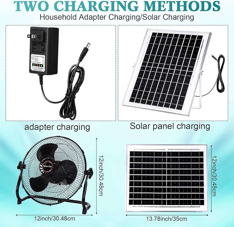 Tujoe 15000Mah 12 Inch Solar Panel Powered Fan, 2 in 1 Solar Panel or AC Charger Powered Fan 12W 9V Portable for Chicken Coop Greenhouse Household Exhaust Camping Travel Outdoor(Black) - Image 2