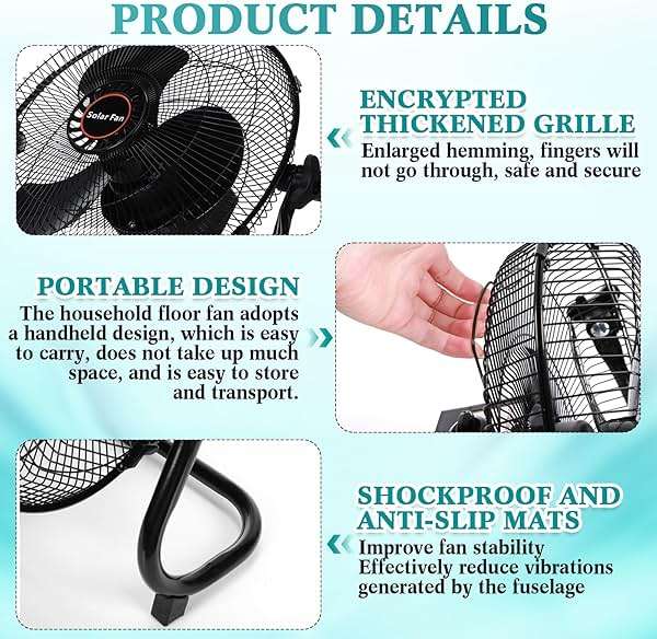 Tujoe 15000Mah 12 Inch Solar Panel Powered Fan, 2 in 1 Solar Panel or AC Charger Powered Fan 12W 9V Portable for Chicken Coop Greenhouse Household Exhaust Camping Travel Outdoor(Black) - Image 3