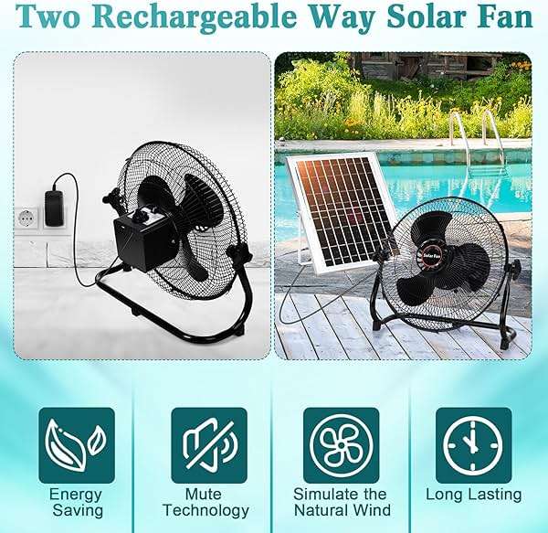 Tujoe 15000Mah 12 Inch Solar Panel Powered Fan, 2 in 1 Solar Panel or AC Charger Powered Fan 12W 9V Portable for Chicken Coop Greenhouse Household Exhaust Camping Travel Outdoor(Black) - Image 6