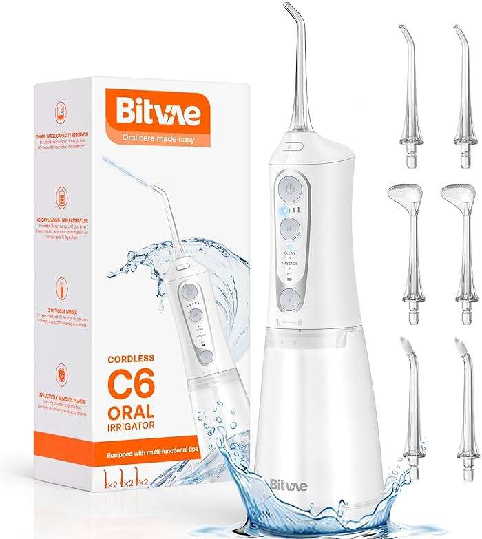 Bitvae Water Dental Flosser Teeth Pick, Cordless Flosser for Travel with 6 Jet Tips, 3 Modes 5 intensities, IPX7 Waterproof Portable & Rechargeable Oral Irrigator Cleaner, White - Image 1