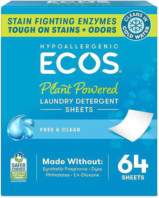 ECOS Laundry Detergent Sheets Vegan, No Plastic Jug, No Mess & Liquid Free - Hypoallergenic, Plant Powered Laundry Detergent Sheet - Free and Clear - 64 Count (Pack of 1) - Image 1