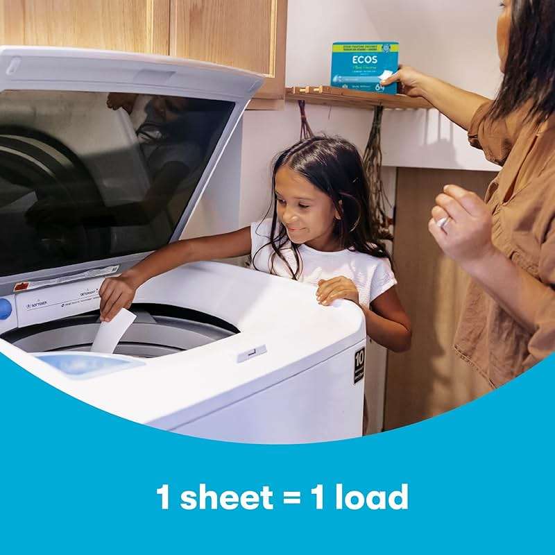 ECOS Laundry Detergent Sheets Vegan, No Plastic Jug, No Mess & Liquid Free - Hypoallergenic, Plant Powered Laundry Detergent Sheet - Free and Clear - 64 Count (Pack of 1) - Image 6