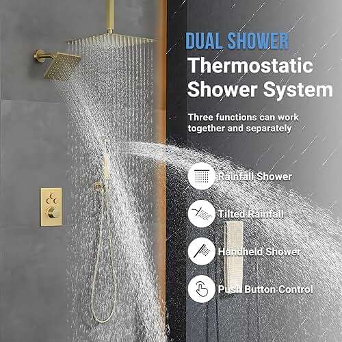 JetsBath Thermostatic Dual Shower Heads System with Ceiling 12-Inch Rainfall Shower & Wall Mount 6-Inch High Pressure Shower Head, Brushed Gold Bathroom Shower Faucet Set with Handheld Sprayer - Image 2