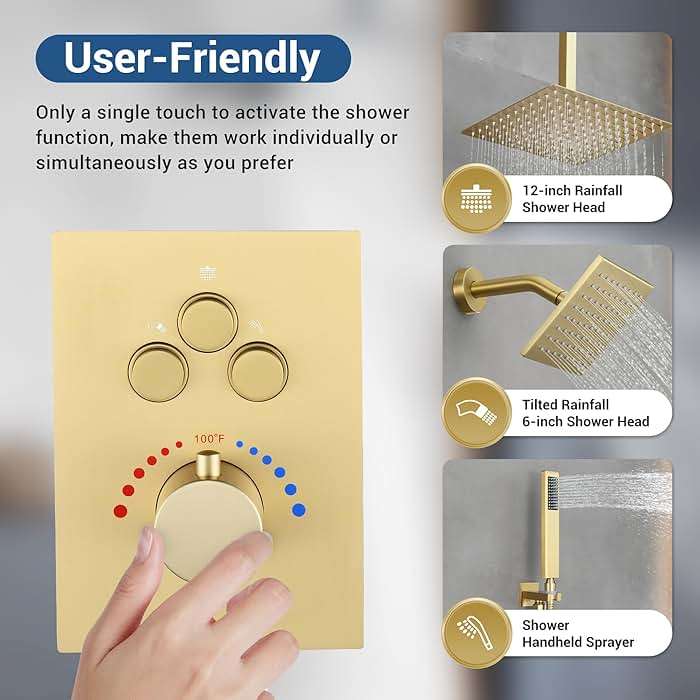 JetsBath Thermostatic Dual Shower Heads System with Ceiling 12-Inch Rainfall Shower & Wall Mount 6-Inch High Pressure Shower Head, Brushed Gold Bathroom Shower Faucet Set with Handheld Sprayer - Image 3