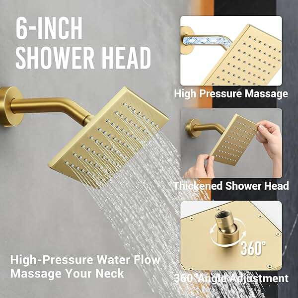 JetsBath Thermostatic Dual Shower Heads System with Ceiling 12-Inch Rainfall Shower & Wall Mount 6-Inch High Pressure Shower Head, Brushed Gold Bathroom Shower Faucet Set with Handheld Sprayer - Image 4