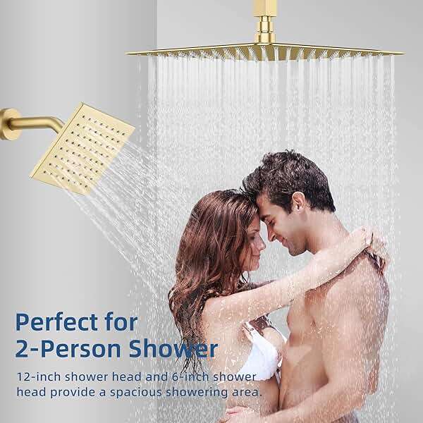 JetsBath Thermostatic Dual Shower Heads System with Ceiling 12-Inch Rainfall Shower & Wall Mount 6-Inch High Pressure Shower Head, Brushed Gold Bathroom Shower Faucet Set with Handheld Sprayer - Image 5