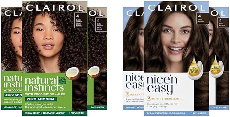 Clairol Natural Instincts Demi-Permanent Hair Dye, 4 Dark Brown Hair Color, Pack of 3 & Nice'n Easy Permanent Hair Dye, 4 Dark Brown Hair Color, Pack of 3 - Image 1