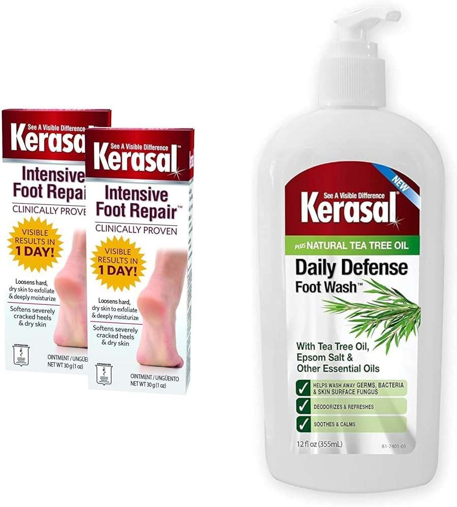 Kerasal Intensive Foot Repair Skin Healing Ointment for Cracked Heels and Dry Feet 1 oz, 2 Count & Daily Defense Foot Wash Daily Cleanser for Feet, 12 Ounce - Image 1