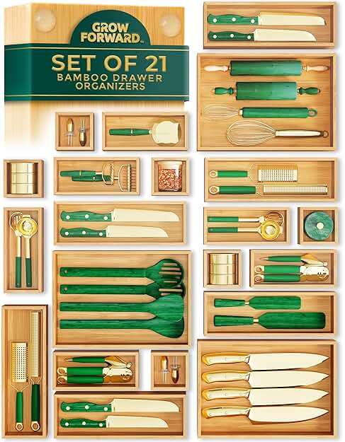 Grow Forward Bamboo Drawer Organizer Boxes - Set of 21 Wooden Drawer Organizers for Kitchen, Bathroom, Office, Desk, Vanity, Makeup - Non-Slip Junk Drawer Organizer Trays for Storage and Organization - Image 1