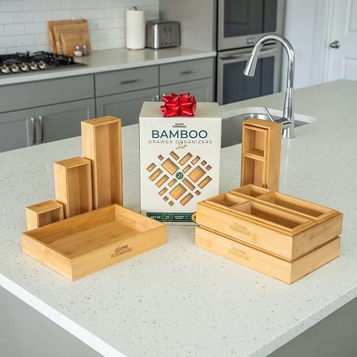 Grow Forward Bamboo Drawer Organizer Boxes - Set of 21 Wooden Drawer Organizers for Kitchen, Bathroom, Office, Desk, Vanity, Makeup - Non-Slip Junk Drawer Organizer Trays for Storage and Organization - Image 2
