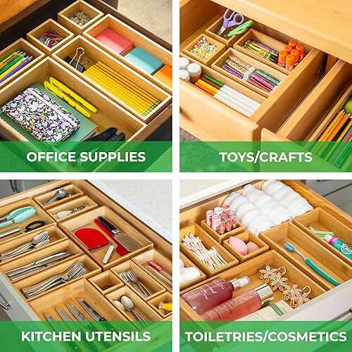 Grow Forward Bamboo Drawer Organizer Boxes - Set of 21 Wooden Drawer Organizers for Kitchen, Bathroom, Office, Desk, Vanity, Makeup - Non-Slip Junk Drawer Organizer Trays for Storage and Organization - Image 3