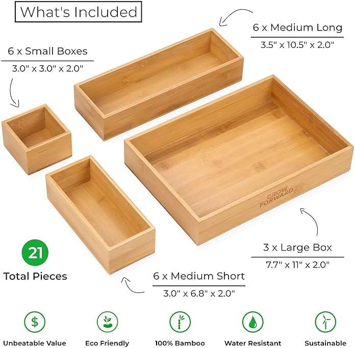 Grow Forward Bamboo Drawer Organizer Boxes - Set of 21 Wooden Drawer Organizers for Kitchen, Bathroom, Office, Desk, Vanity, Makeup - Non-Slip Junk Drawer Organizer Trays for Storage and Organization - Image 4