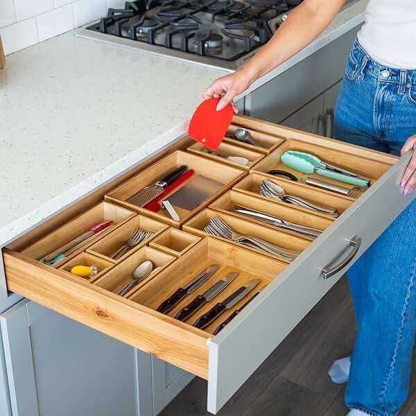 Grow Forward Bamboo Drawer Organizer Boxes - Set of 21 Wooden Drawer Organizers for Kitchen, Bathroom, Office, Desk, Vanity, Makeup - Non-Slip Junk Drawer Organizer Trays for Storage and Organization - Image 6
