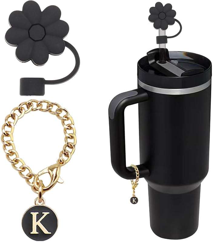 Stanley Cup Accessories, 1pc Flower Stanley Straw Cover Silicone Straw Topper for Stanley 30&40 oz Tumbler with Handle and 1pc Initial Letter Charm for Stanley Cup (Letter K) - Image 1