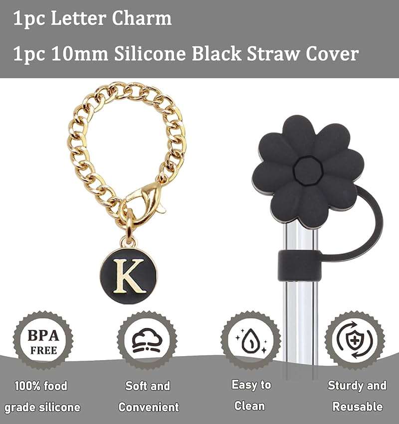 Stanley Cup Accessories, 1pc Flower Stanley Straw Cover Silicone Straw Topper for Stanley 30&40 oz Tumbler with Handle and 1pc Initial Letter Charm for Stanley Cup (Letter K) - Image 3