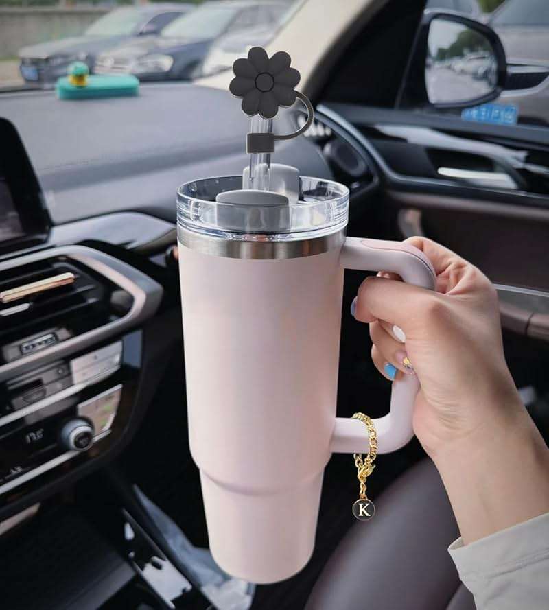 Stanley Cup Accessories, 1pc Flower Stanley Straw Cover Silicone Straw Topper for Stanley 30&40 oz Tumbler with Handle and 1pc Initial Letter Charm for Stanley Cup (Letter K) - Image 5