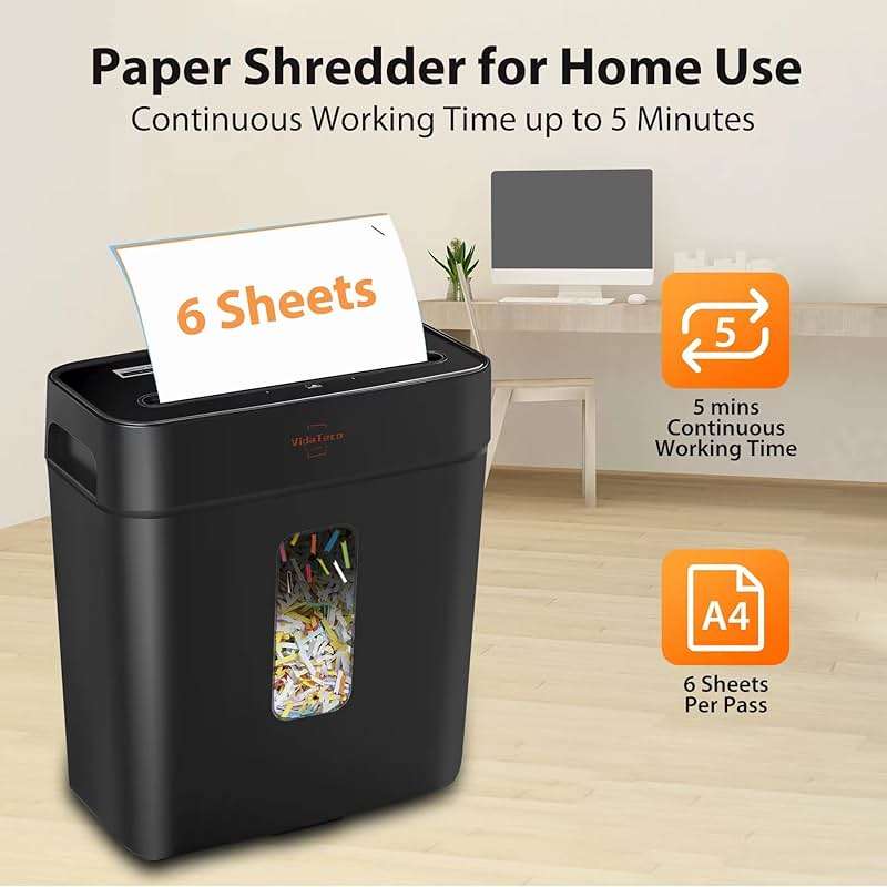 VidaTeco 6-Sheet Cross Cut Paper Shredder for Home Office, 3.04-Gallon Bin | P-4 Security Anti-Jam & Overheat Protection, Compact Heavy Duty Shreds Credit Card, CD, Staple & Clip - ETL - Image 3