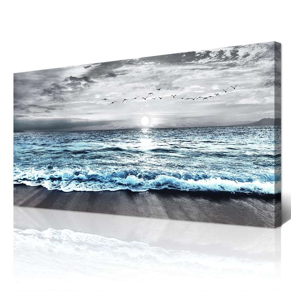 Wapluam Large Wall Decor For Living Room Canvas Wall Art For Bedroom Office Wall Decorations Black And White Painting Blue Sea Wave Pictures Artwork For Modern Stretched and Framed Beach Posters - Image 1