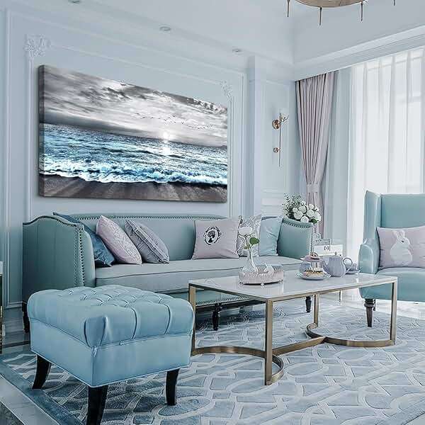 Wapluam Large Wall Decor For Living Room Canvas Wall Art For Bedroom Office Wall Decorations Black And White Painting Blue Sea Wave Pictures Artwork For Modern Stretched and Framed Beach Posters - Image 2