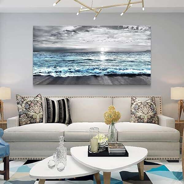 Wapluam Large Wall Decor For Living Room Canvas Wall Art For Bedroom Office Wall Decorations Black And White Painting Blue Sea Wave Pictures Artwork For Modern Stretched and Framed Beach Posters - Image 3