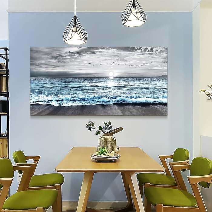 Wapluam Large Wall Decor For Living Room Canvas Wall Art For Bedroom Office Wall Decorations Black And White Painting Blue Sea Wave Pictures Artwork For Modern Stretched and Framed Beach Posters - Image 4
